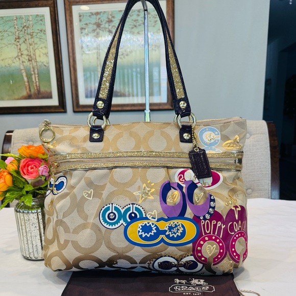 Authentic Coach Beige and Purple Signature Shoulder Bag